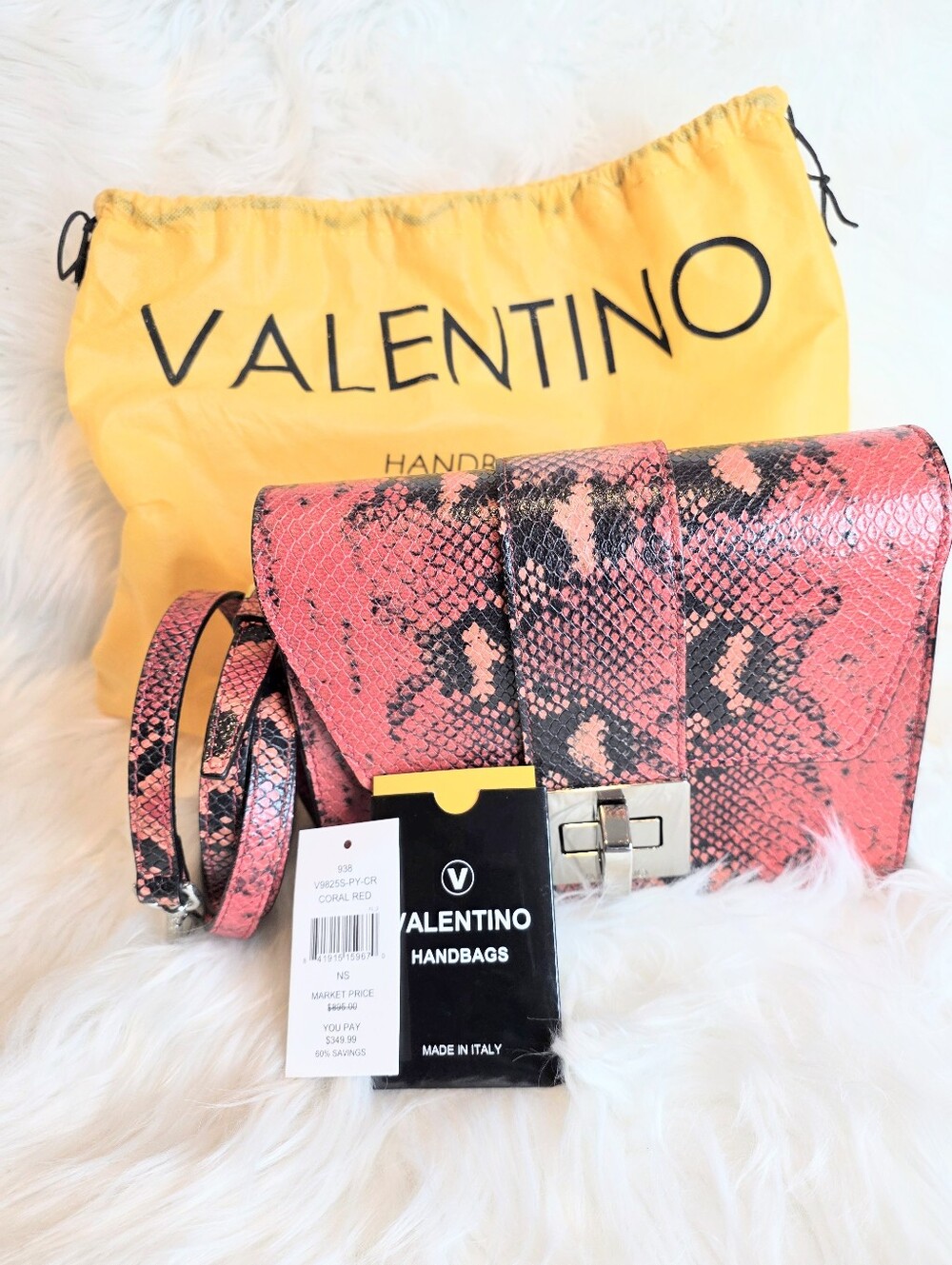 Valentino By Mario Valentino Coral Red Python-Effect Shoulder/Crossbody  NWT$350